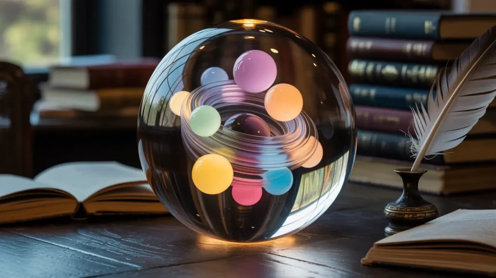 this globe with colorful swirling orbs represents thoughts bouncing in our head. It is this noise we need to quiet.