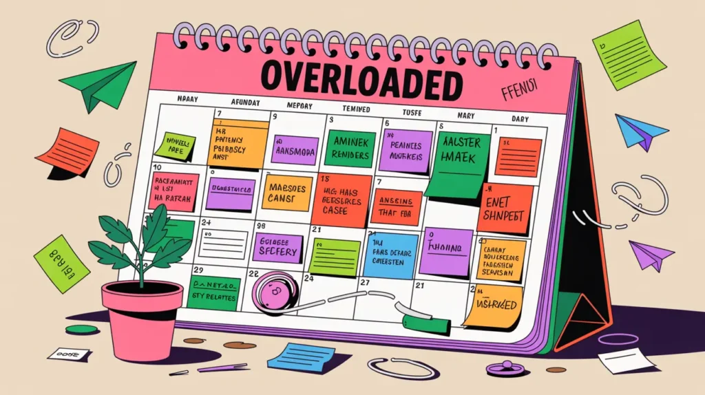 an over-scheduled calendar is very noisy. Shown here is a colorful monthly calendar page jammed wiith appointments and dates.