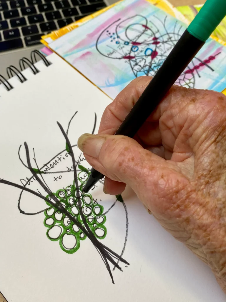 Demonstrating my daily practice of  combining writing and drawing neurographic art lines  