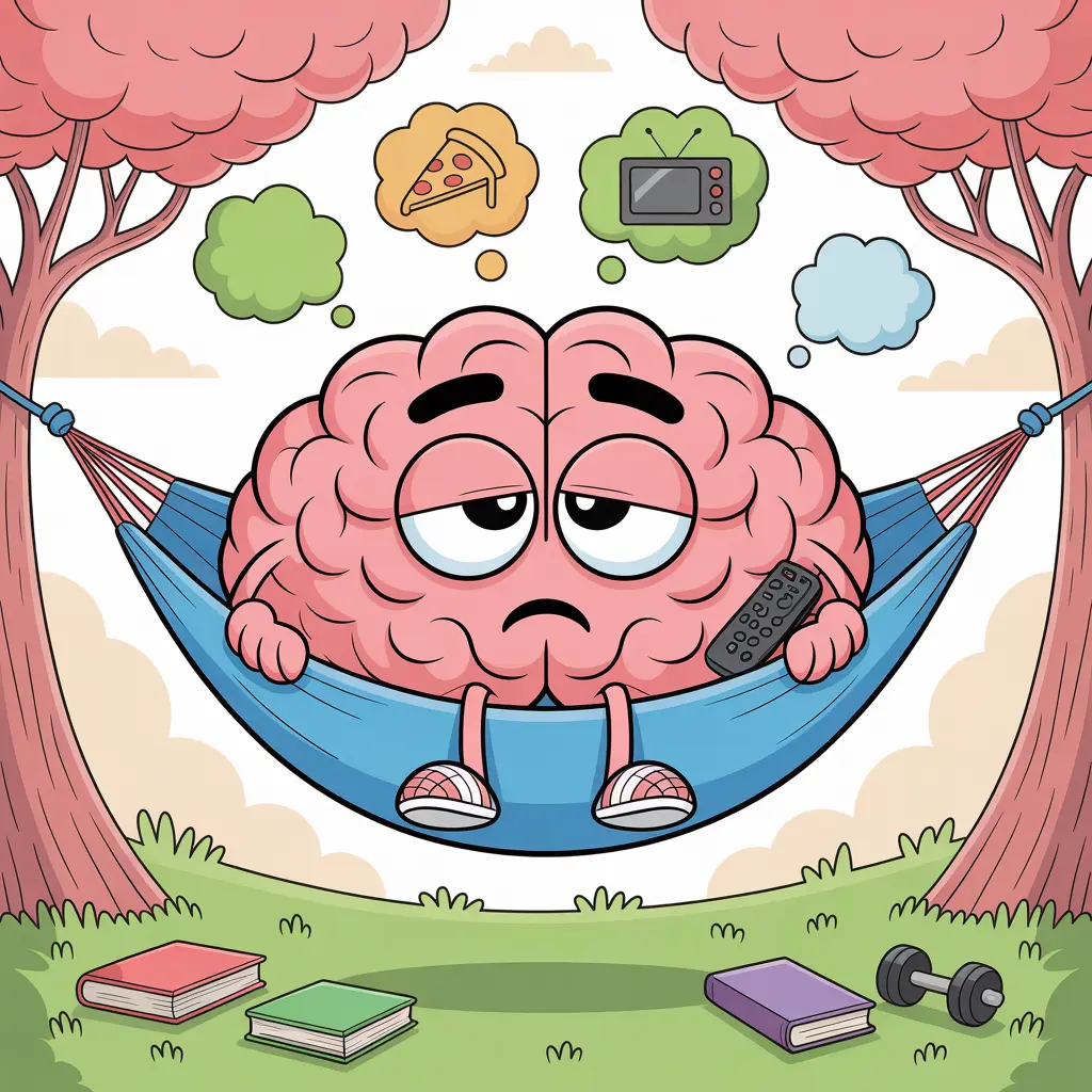 procrastination, a pink lazy brain procrastinating in a blue hammock