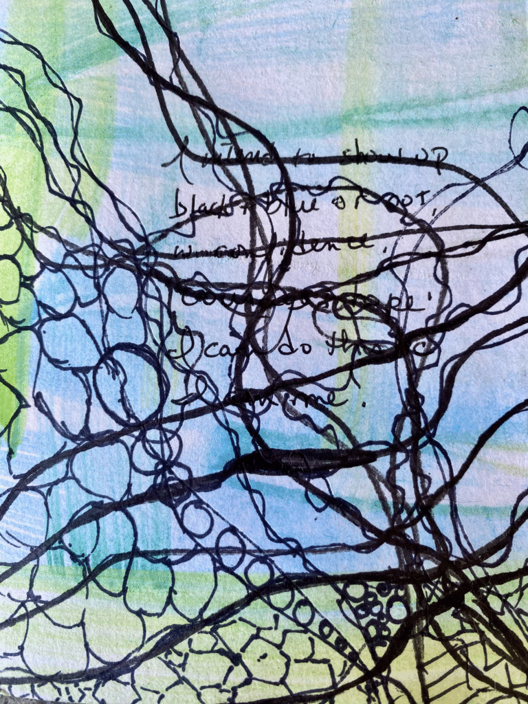 The author added some random watercolor first to this practice, then added words and curvy lines.