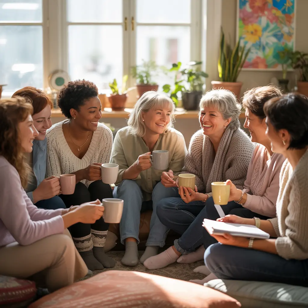 a community helps when your life looks fine and feels off. Shown is a group of friendly women holding coffee mugs
