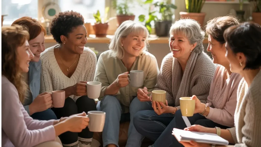 a group of smiling women sitting in a living room going through the Artist's Way
