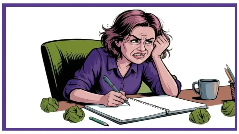 a lady at a desk with balled up paper a minute before she quits doing THE ARTIST'S WAY