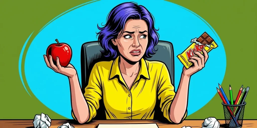  a lady with an apple in one hand and a candy bar in the other and trying to decide what is her best option. Self Doubt makes this difficult