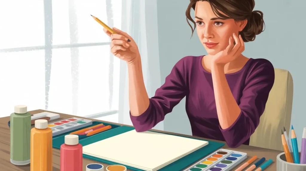 consistent creative practice is the solution. Image shows a lady sitting at her clean art table with bottles of paint, her hand hovering over a blank sketch pad waiting for motivation